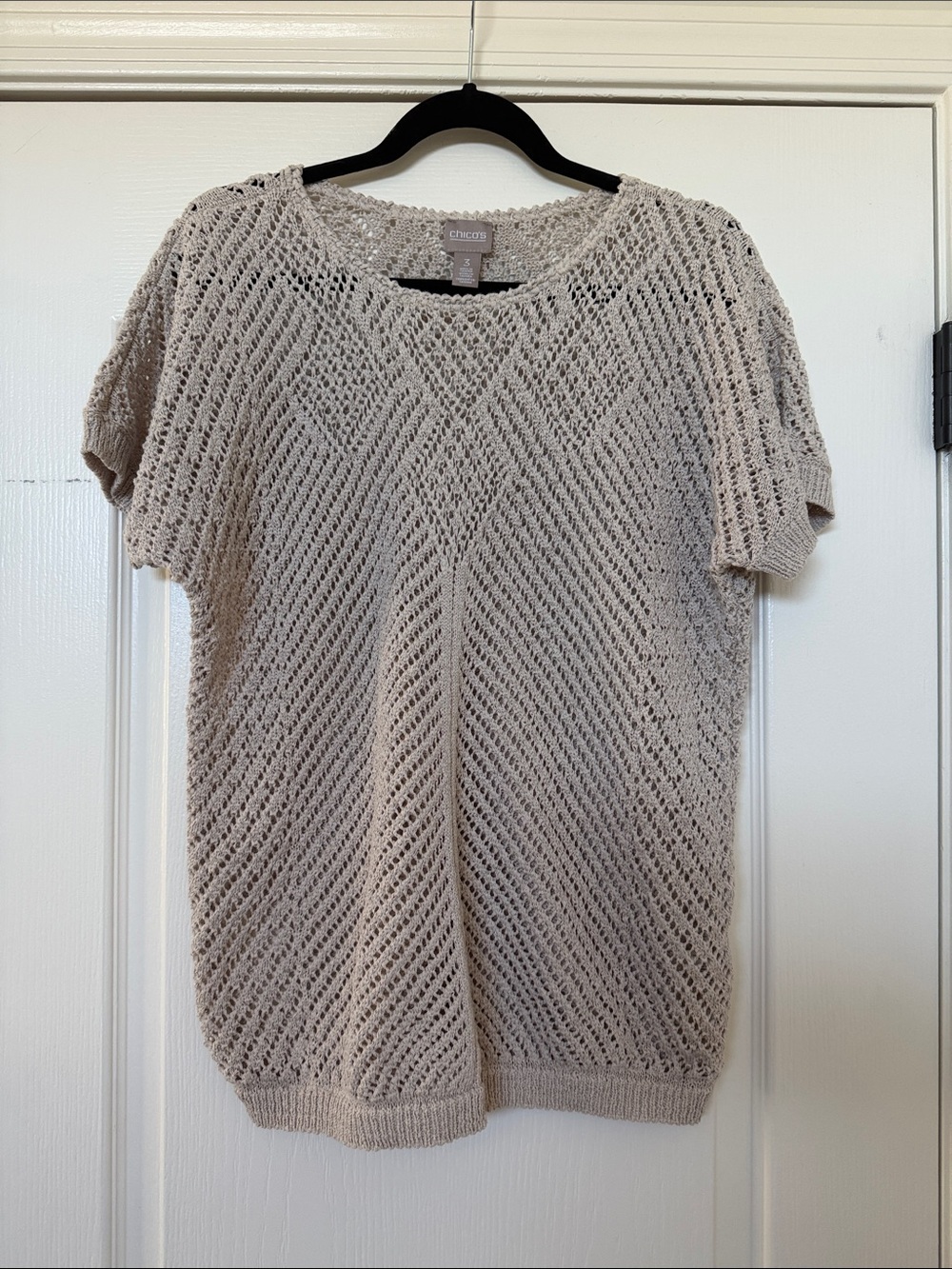 Chico's Open-Knit Short Sleeve Scoop Neck Sweater in Taupe Beige